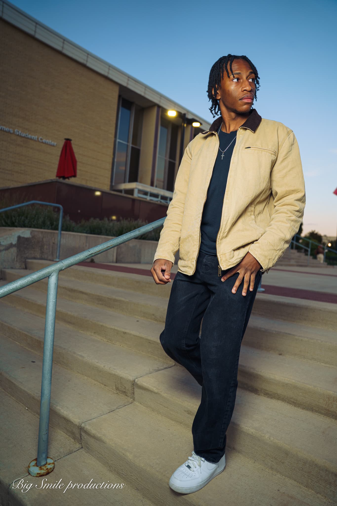 Outdoor editorial — tan jacket, steps