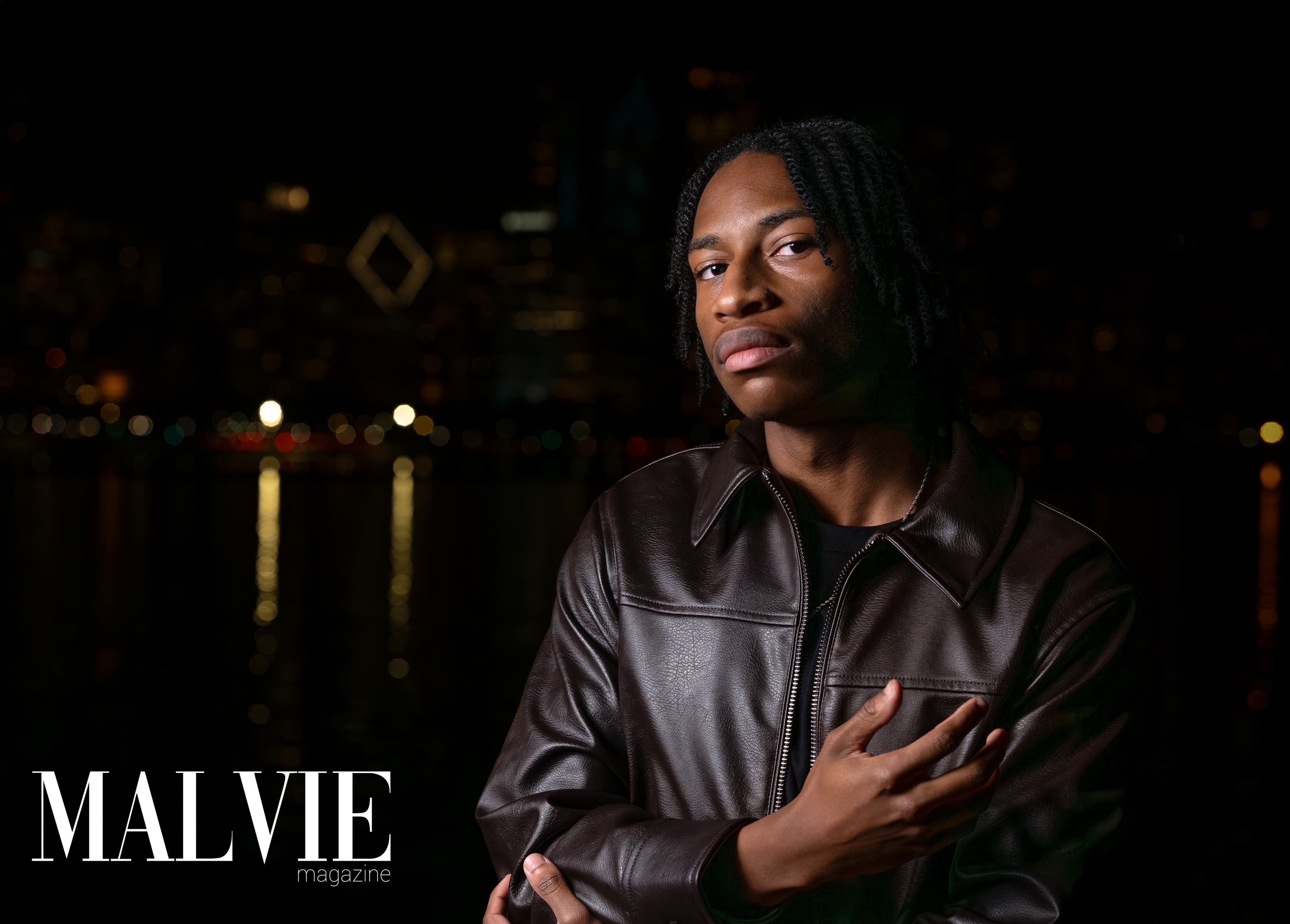 MALVIE Magazine editorial — leather jacket, night cityscape