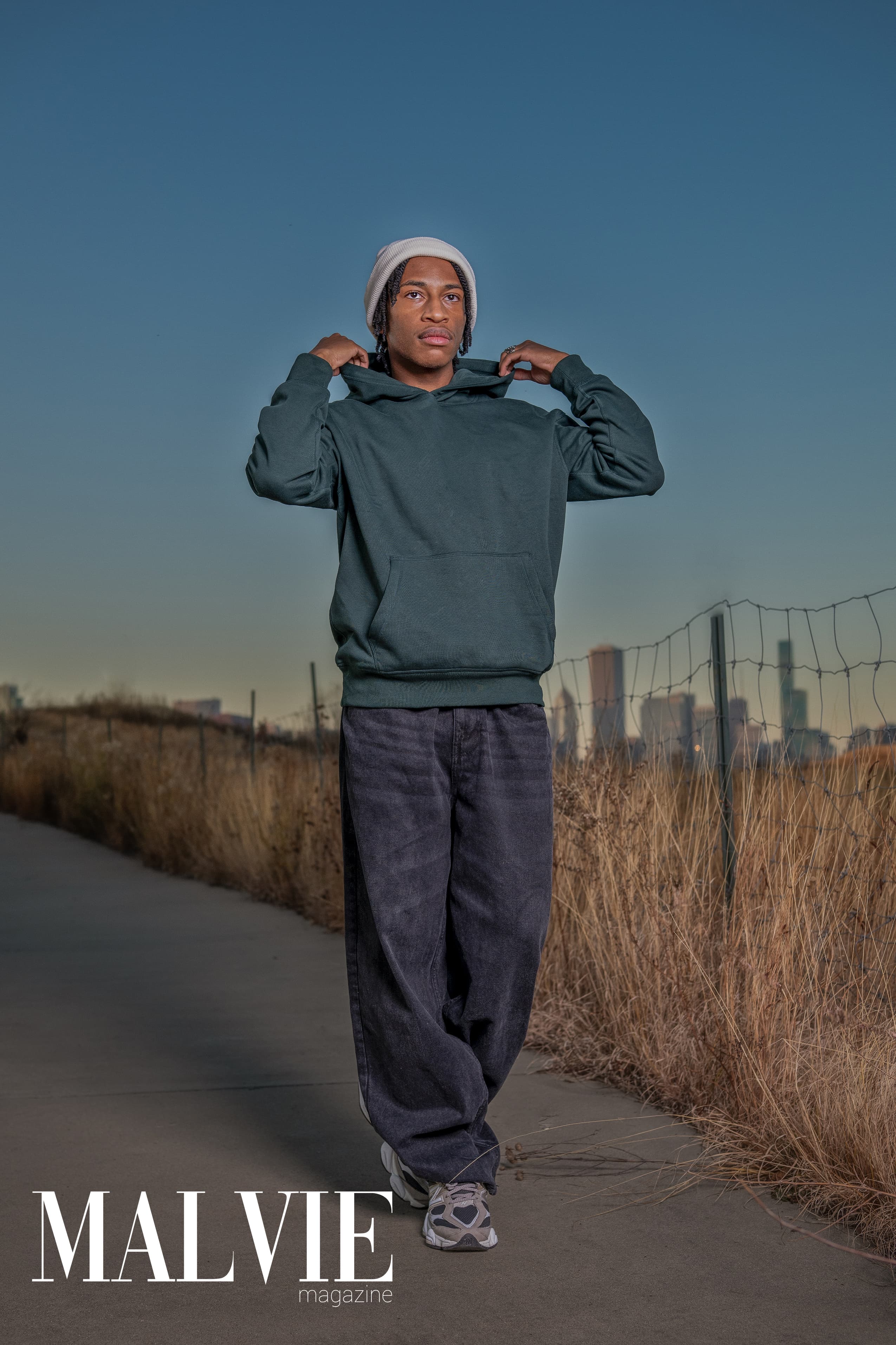 MALVIE Magazine — hoodie, pathway at dusk