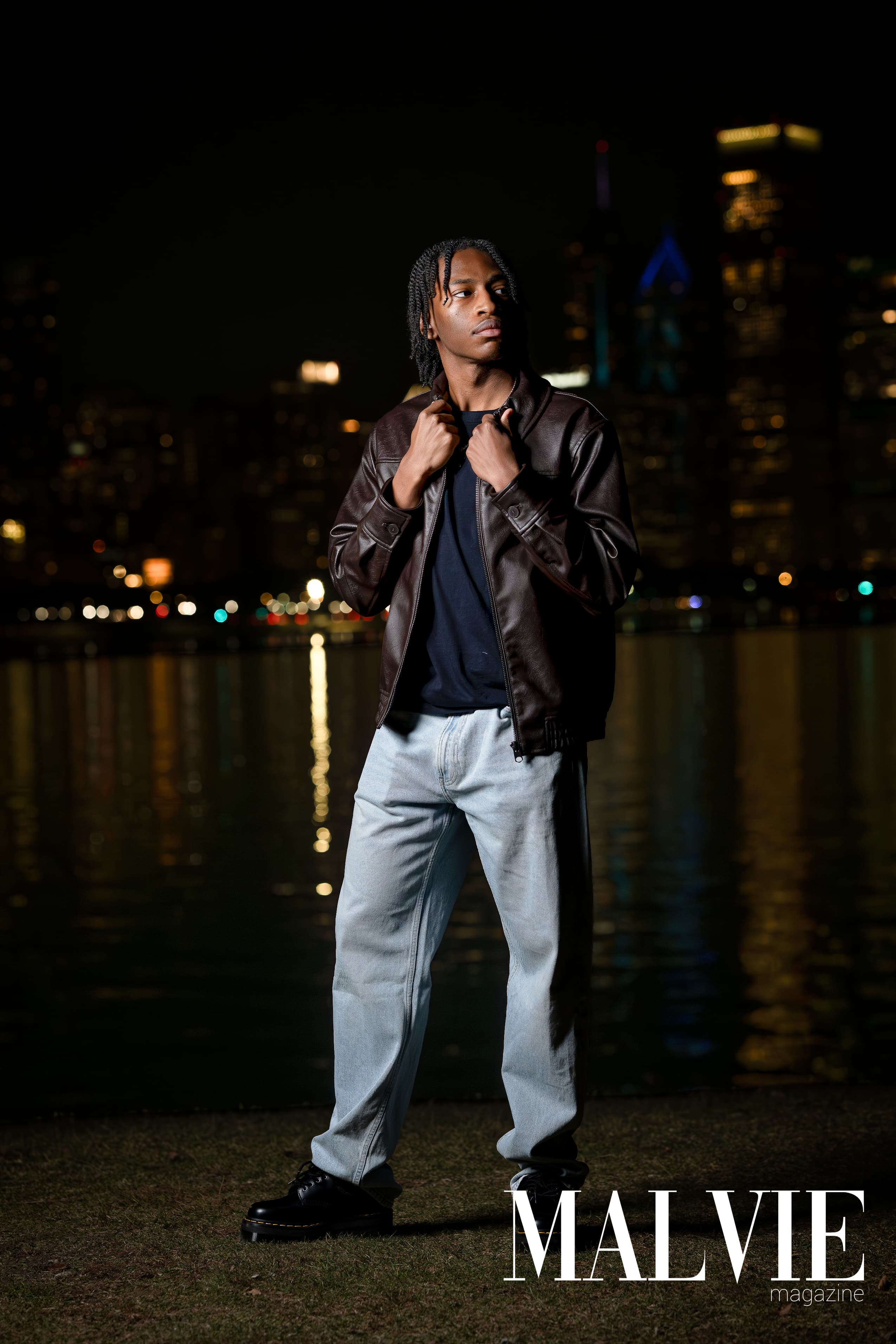 MALVIE Magazine — leather jacket, lakefront skyline