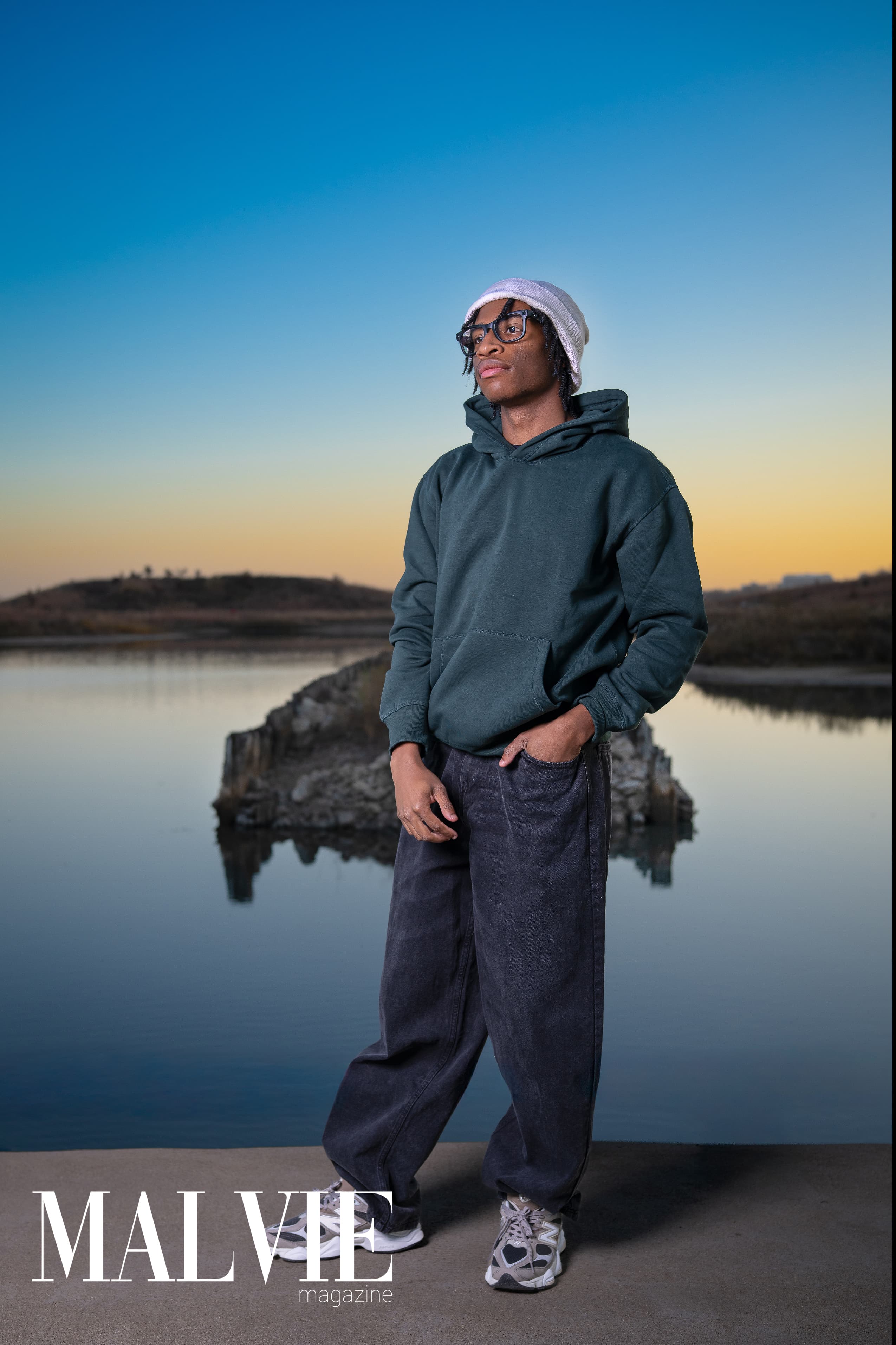 MALVIE Magazine — hoodie, beanie, glasses by water